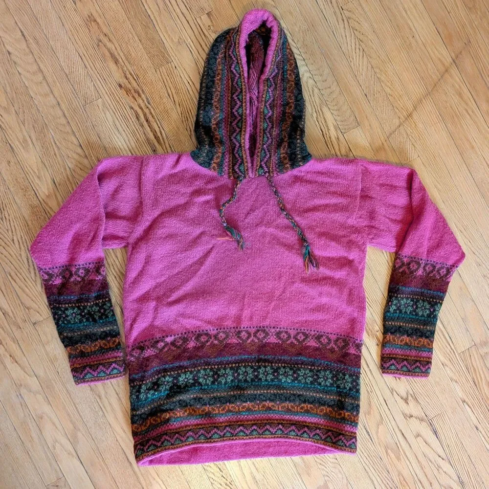Inka Tradition Baby Alpaca Peruvian Fair Isle Sweater, Hoodie Handmade, Size S